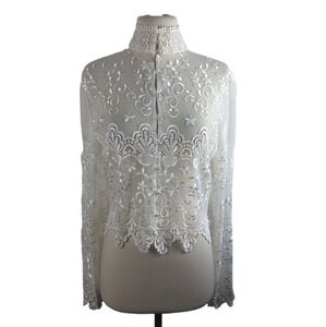 Vintage Victorian Jessica McClintock Womens White Lace Button-up Blouse 14 L